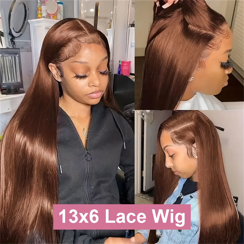 250% Density Silk Straight Wigs 100% Brazilian Human Hair 13*6 HD Transparent Lace Deep Parting Pre Plucked Natural Hairline Chocolate Brown Straight Human Hair #4 Color Wig Suitable For All Women